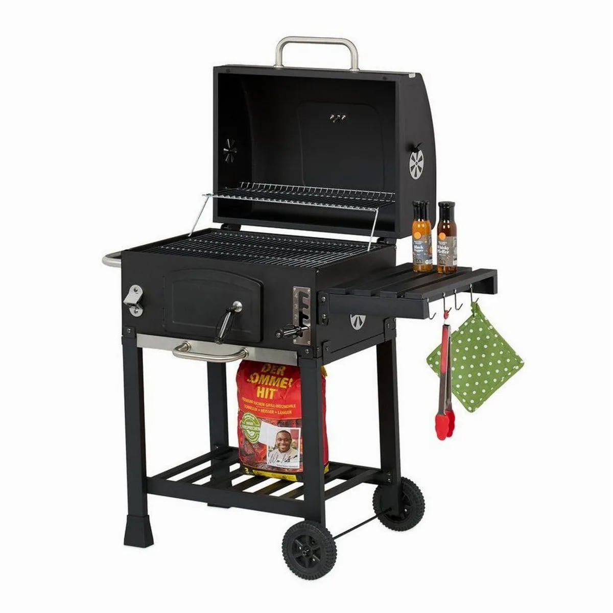 Relaxdays Holzkohlegrill Grillwagen, mobil, mit Deckel und Thermometer
